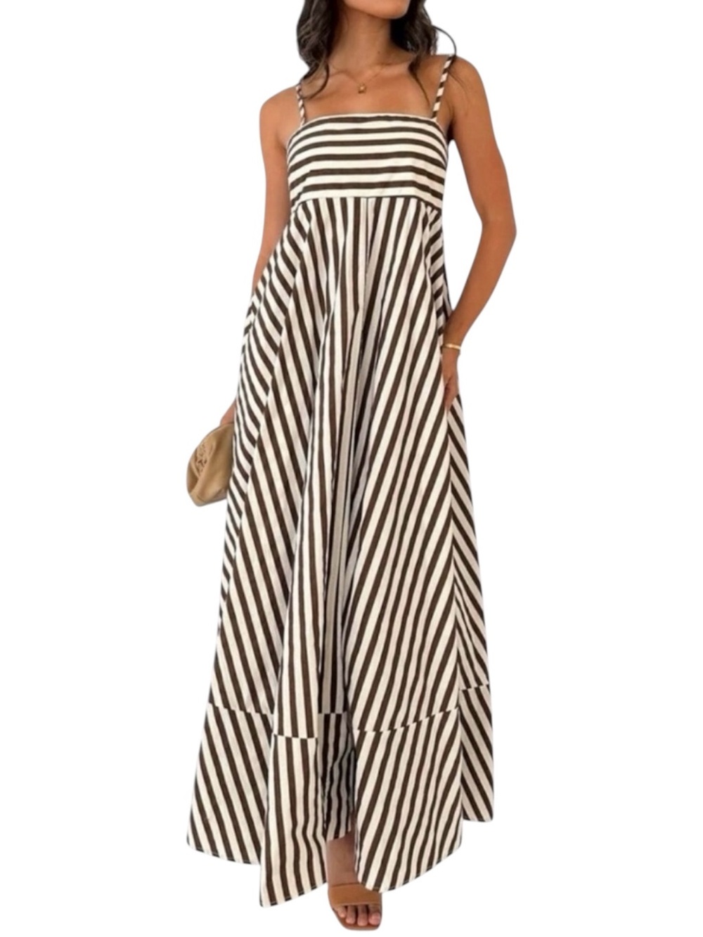 Commense Brown Ivory Cream Striped Maxi Dress Medium Smocked Pockets NWT